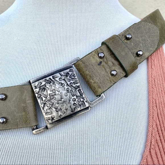 STREETS AHEAD leather belt unique green silver Love Buckle embossed hip waist L - Picture 2 of 14